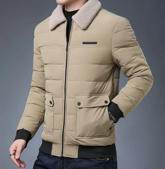 Jaqueta masculina Winter Warm em couro sintético PU com forro cotton‑padded e lapela clássica, ideal para dias frios e looks estilosos.