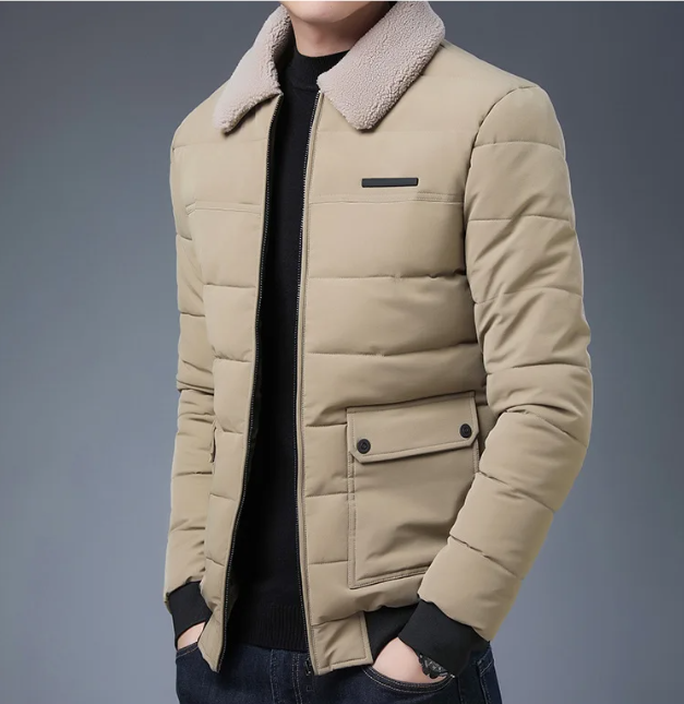 Jaqueta masculina Winter Warm em couro sintético PU com forro cotton‑padded e lapela clássica, ideal para dias frios e looks estilosos.