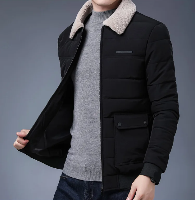 Jaqueta masculina Winter Warm em couro sintético PU com forro cotton‑padded e lapela clássica, ideal para dias frios e looks estilosos.