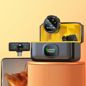 Microfone de lapela sem fio LapelWave Pro com estojo e adaptador para iPhone, Android e Type-C, ideal para gravações com áudio cristalino.
