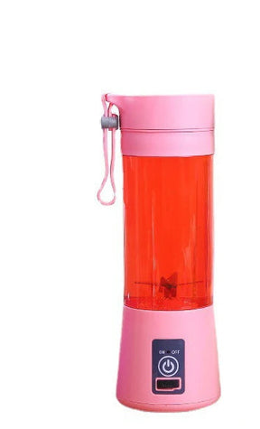 Mini liquidificador portátil JuicyGo rosa cheio de frutas coloridas pronto para bater smoothies saudáveis

