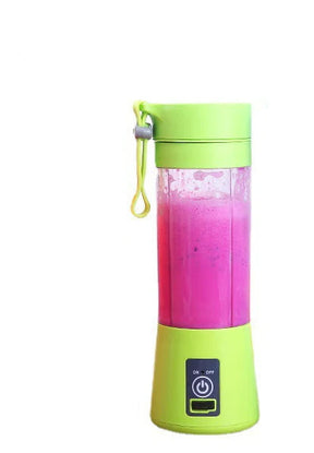 Mini liquidificador portátil JuicyGo rosa cheio de frutas coloridas pronto para bater smoothies saudáveis


